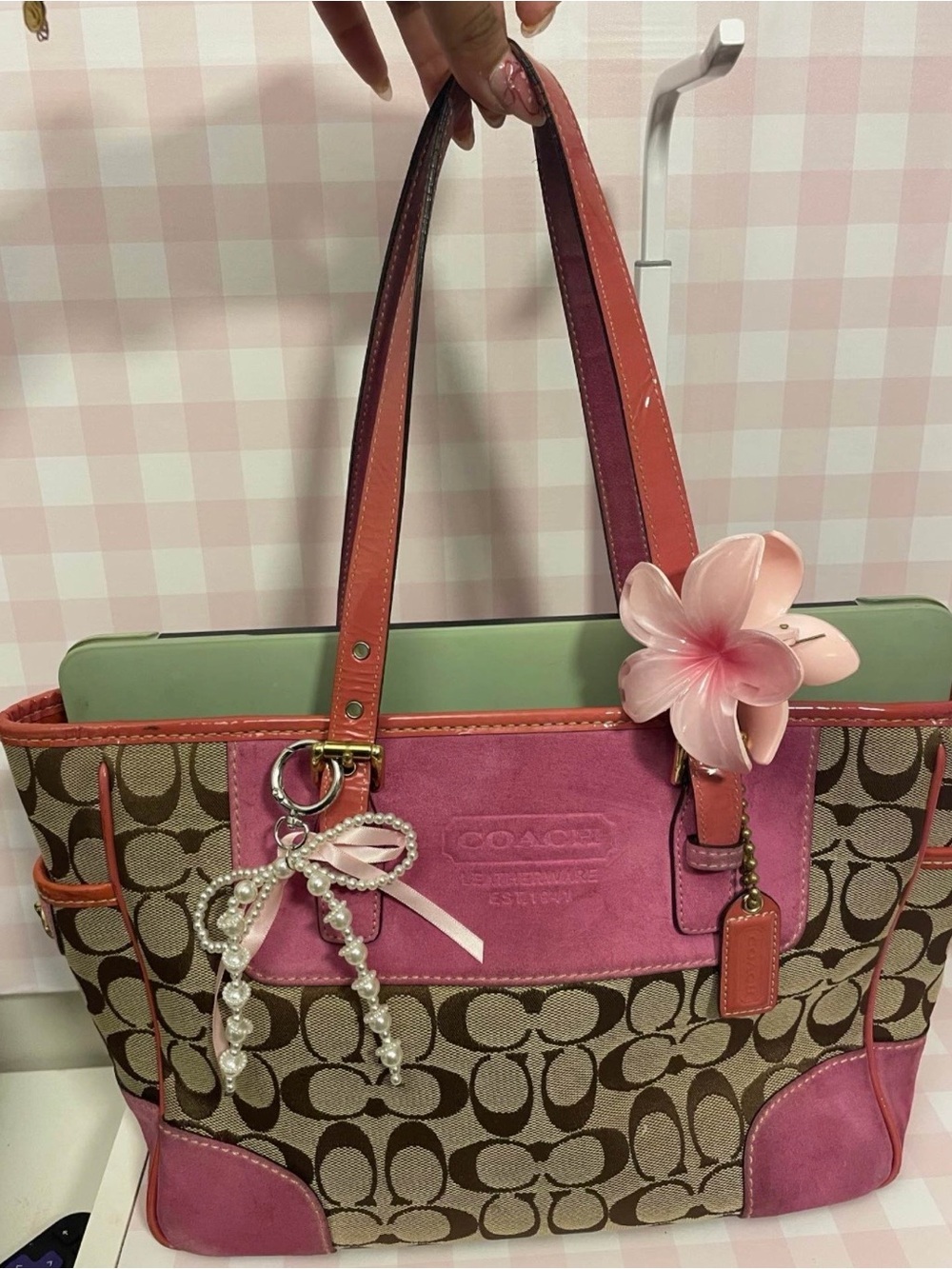 Vintage Coach Brown Signature Canvas Tote with Pink Leather Accents - Picture 9 of 10